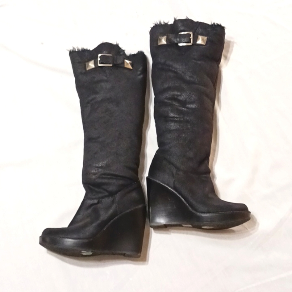 Steve Madden Black Wedge Knee-High Boots with Stud Detail